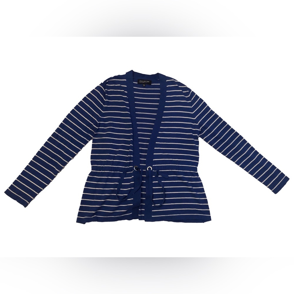 Jones New York Signature Women’s Petite Large Blue and White Cardigan With Sash
